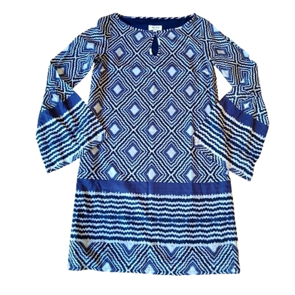 VTG 90s Boho Dress Blue White Bell Sleeve Ikat Whimsy Hippie Size 6
